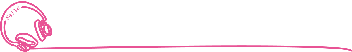 Pink line-art illustration of headphones with the name 'Belle.' The cord creates a horizontal line that underlines the navigation bar.