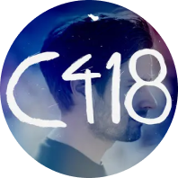 Picture of the artist C418 showcasing his side profile with the text 'C418' and a galaxy overlay on the top.