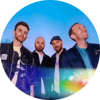 Picture of the band Coldplay standing in a line formation with a rainbow hue.