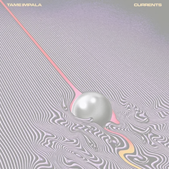 Semi-transparent photo of the album Currents by Tame Impala. Silver ball creating a pink current in a purple and silver sea.
