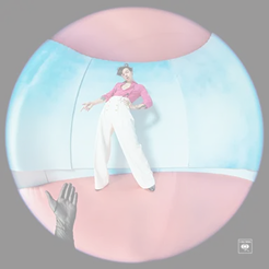 Semi-transparent photo of the album Fine Line by Harry Styles. The singer Harry Styles is in a fisheye perspective, with a hand reaching out to him.