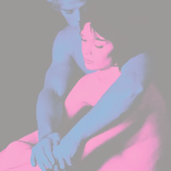 Semi-transparent photo of the album Who Really Cares by TV Girl. Blue man, embracing a pink woman.